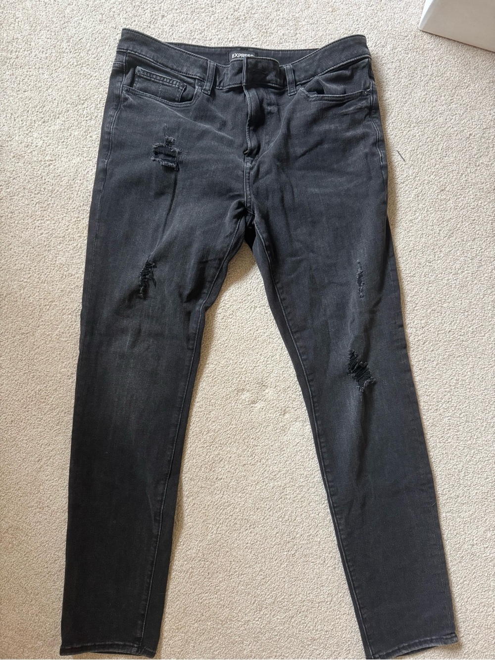Express Men’s Black Skinny Jeans with Distressed Details